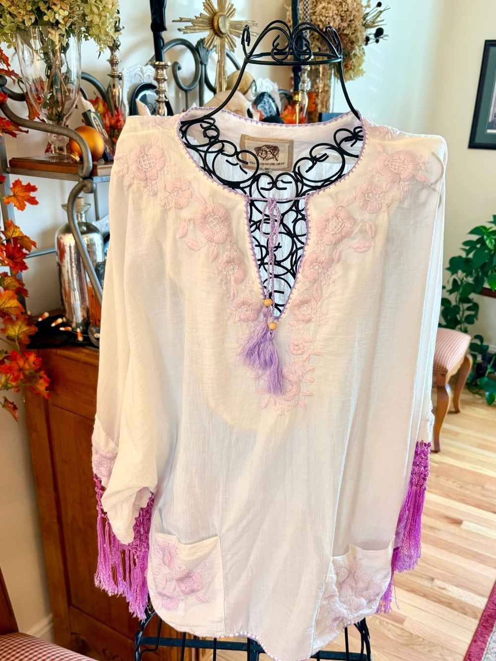 Chasing Unicorns White Lilac Embroidered Fringe Tunic festival Top OS